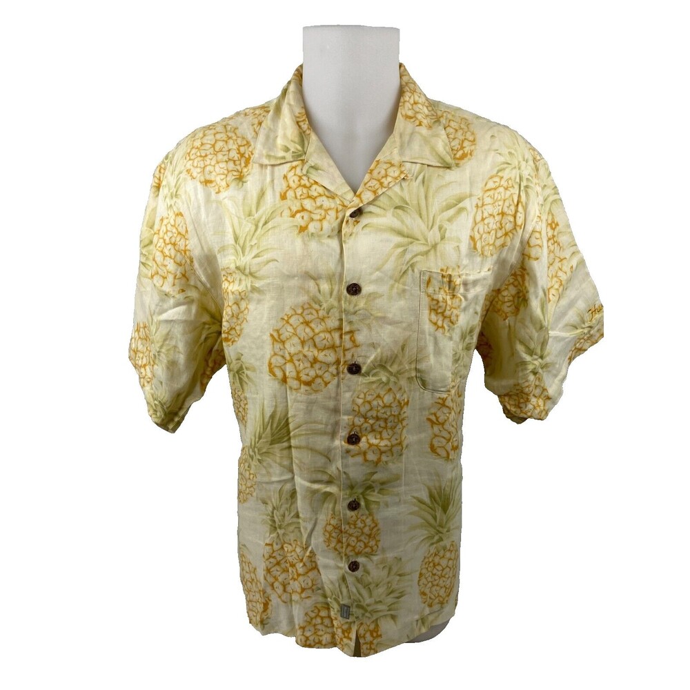 Tommy Bahama Men Large Linen Tropical Shirt Yellow Pineapple Hualalai Hawaii
